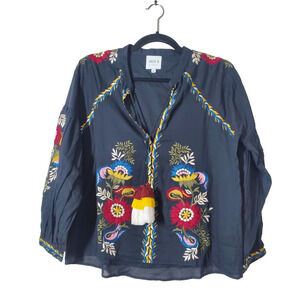Misa Los Angeles Womens XS Embroidered Boho Peasant‎ Cotton Top Tassels Black